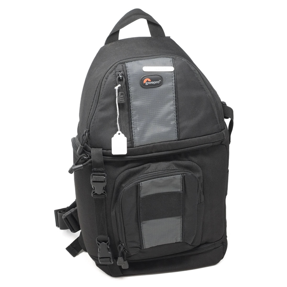 Black backpack with a visible brand logo on a white background