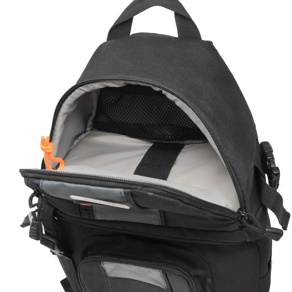 Black backpack with open front compartment on a white background