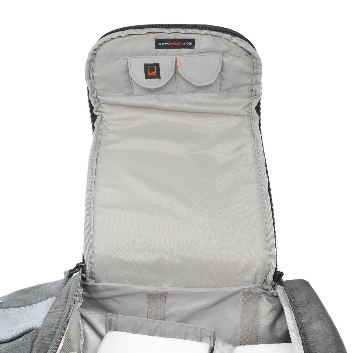 Gray backpack with a visible brand logo on a white background