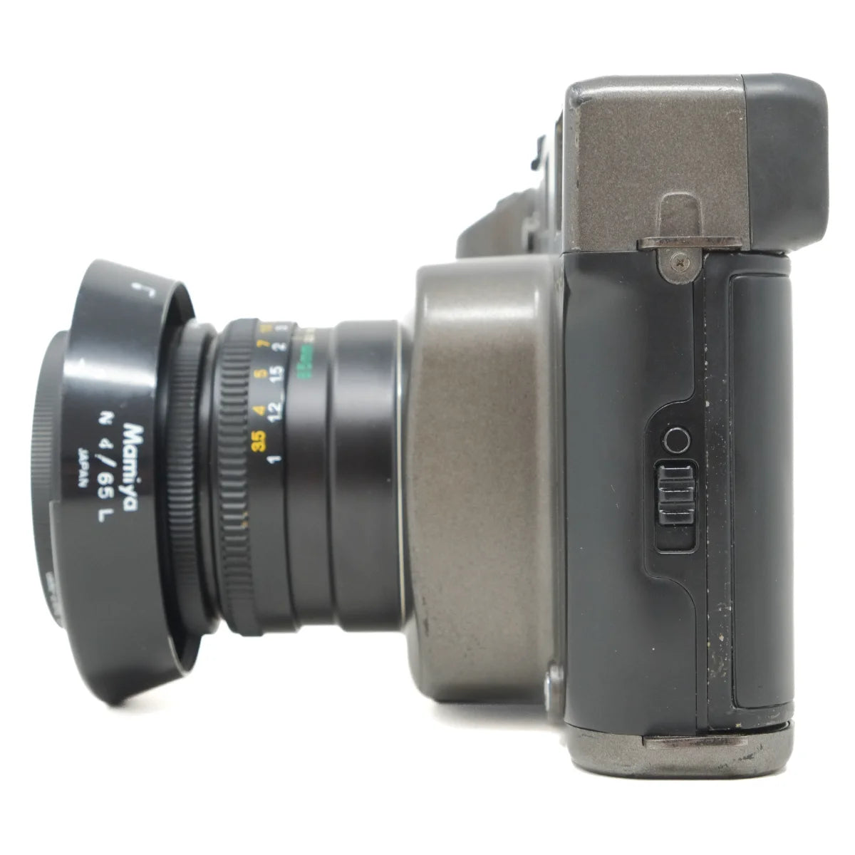 Used Mamiya 7 Film Camera + 65mm f4 Lens - Early Batch 'Sample' - side angle 