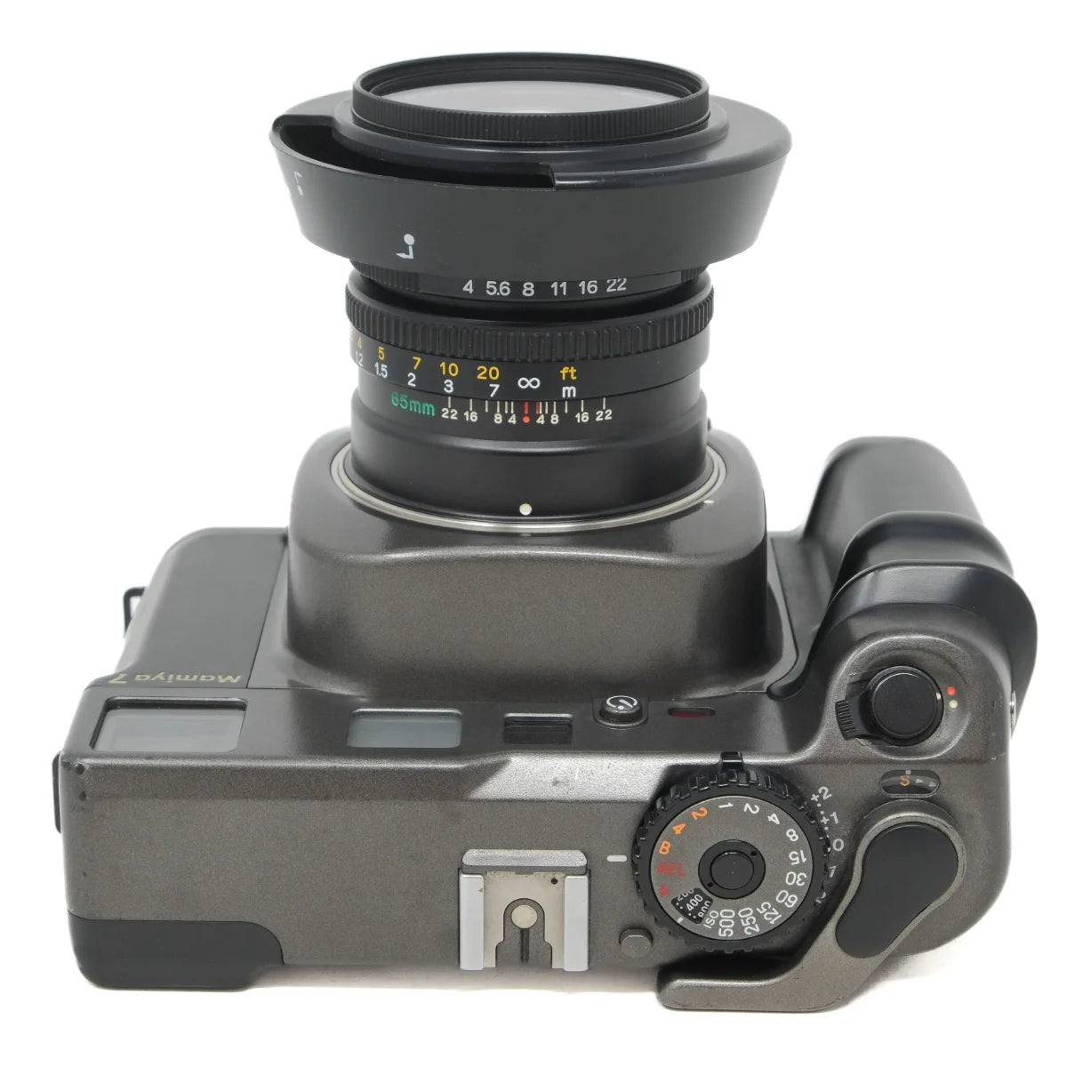 Used Mamiya 7 Film Camera + 65mm f4 Lens - Early Batch 'Sample' - top angle 