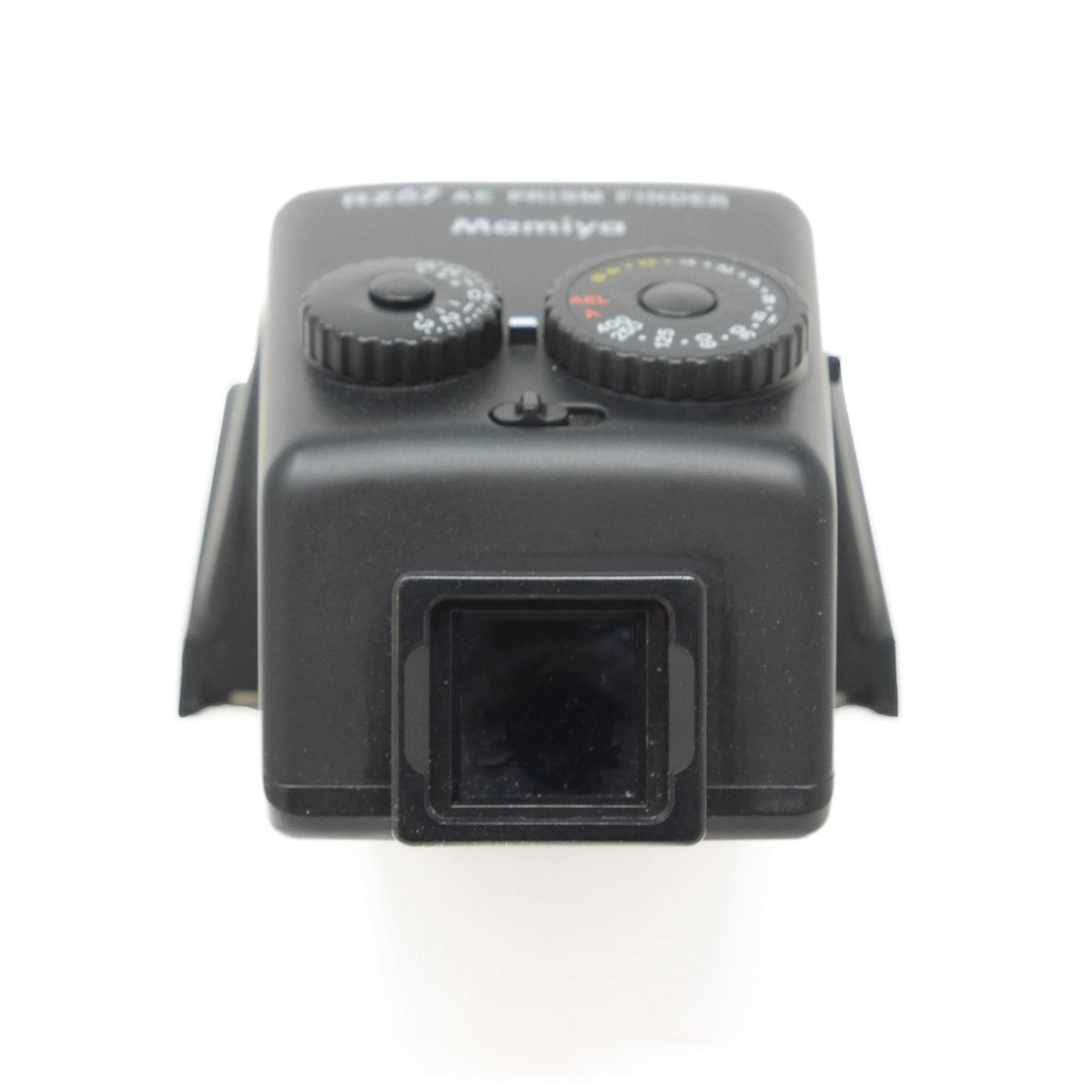 Black camera viewfinder with Mamiya branding on a white background