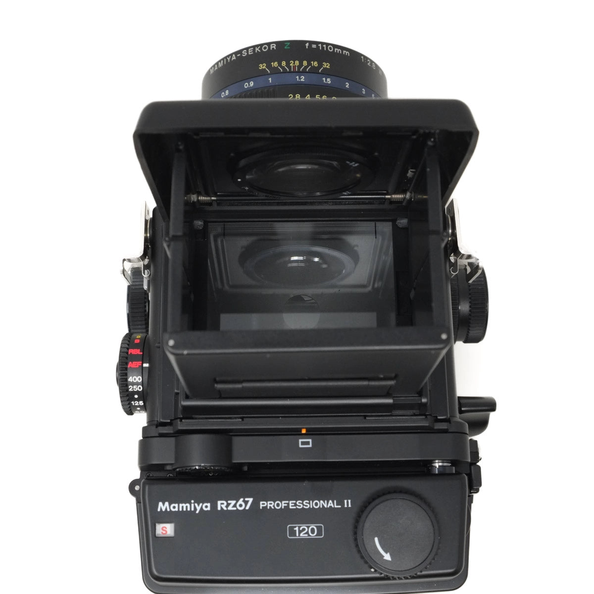 Used Mamiya RZ67 Pro II with 110mm F2.8 and WLF + 120 PRO II back - top angle 