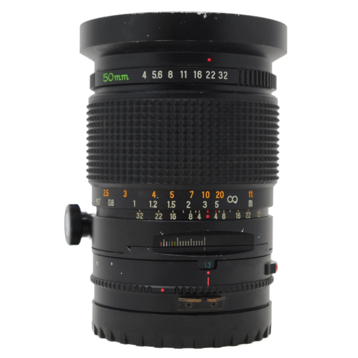 Camera lens with focus and aperture controls on a white background