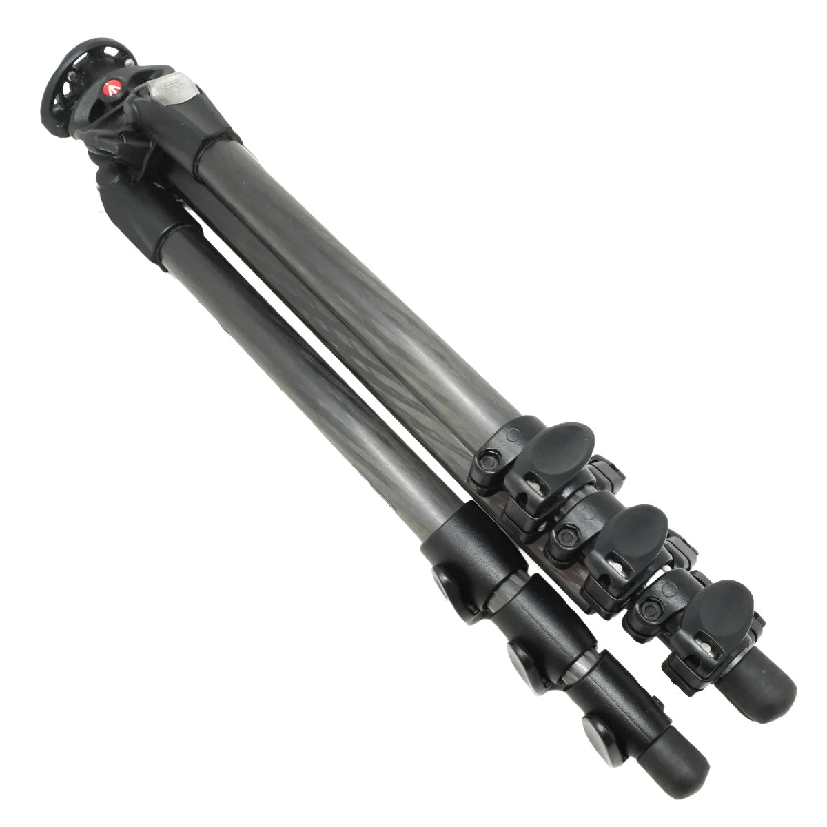 A carbon fiber tripod leg with black plastic joints, knobs, and a top wheel, shown diagonally on a plain white background.