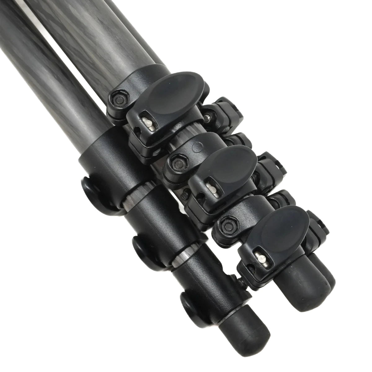 Close-up of a carbon fiber tripod leg with black quick-release ball head joints and protective caps, set against a plain white background.