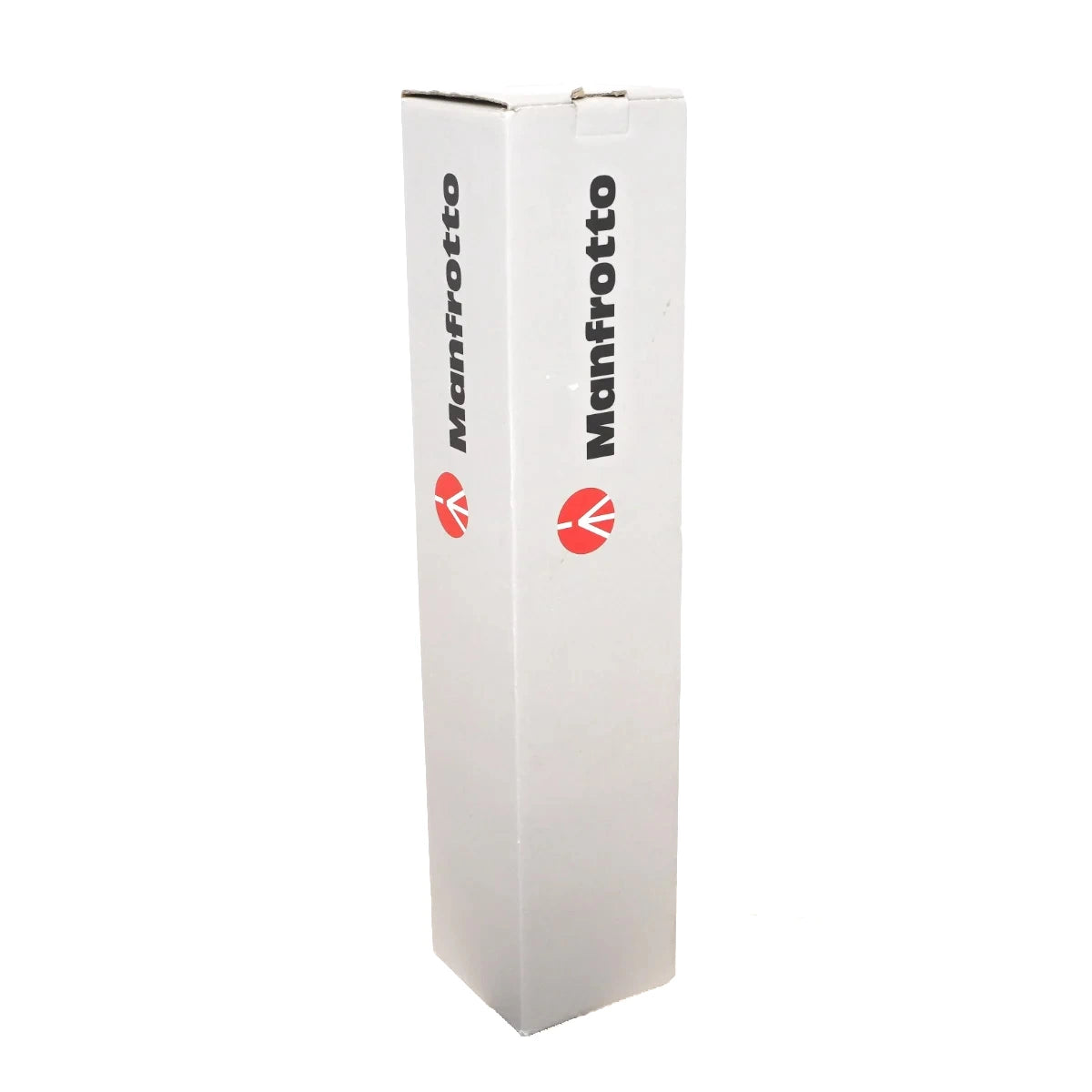 A tall, narrow white cardboard box with the brand name 'Manfrotto' printed vertically in black and a red circular logo on two sides, shown against a plain white background.