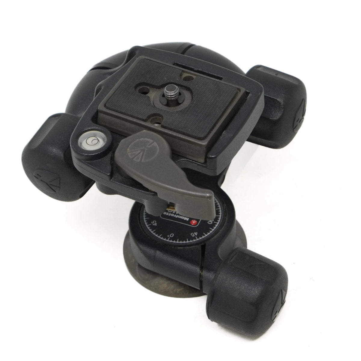 Black camera tripod head on a white background