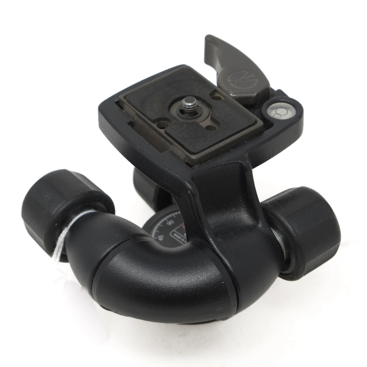 Black camera tripod head on a white background