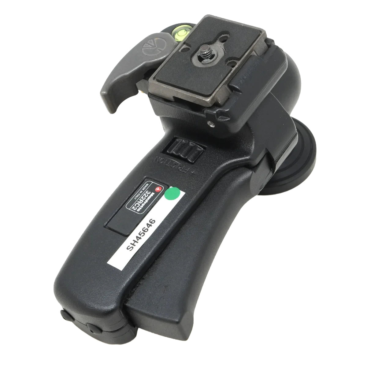 A black camera tripod locking knob with a hot shoe adapter and level bubble, shown on a plain white background.
