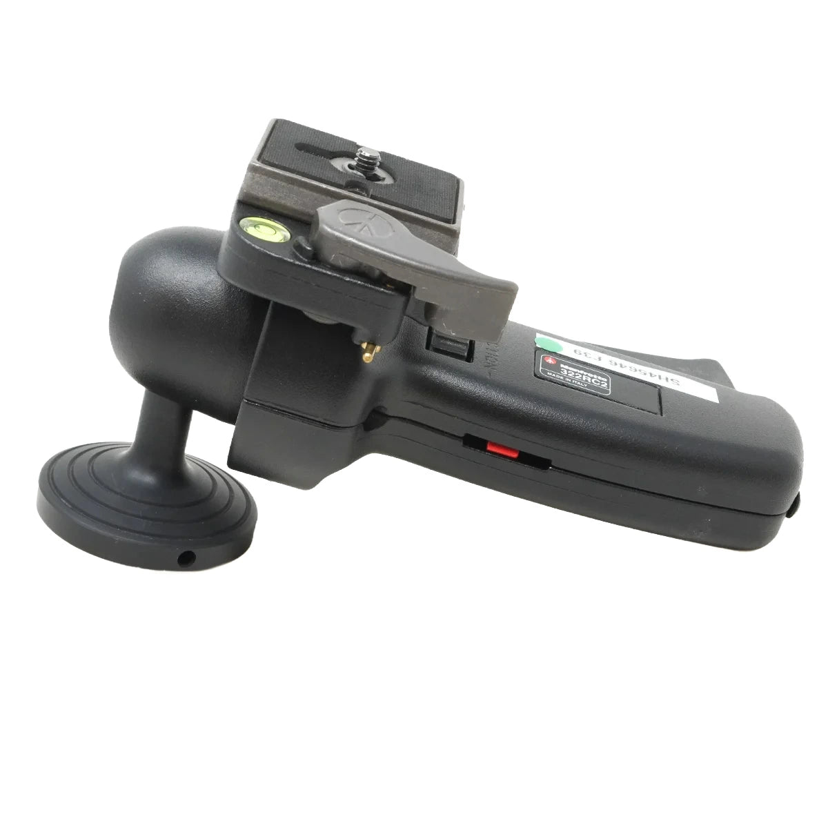 A black quick-release tripod head with a mounting adapter and suction cup base, shown on a plain white background.
