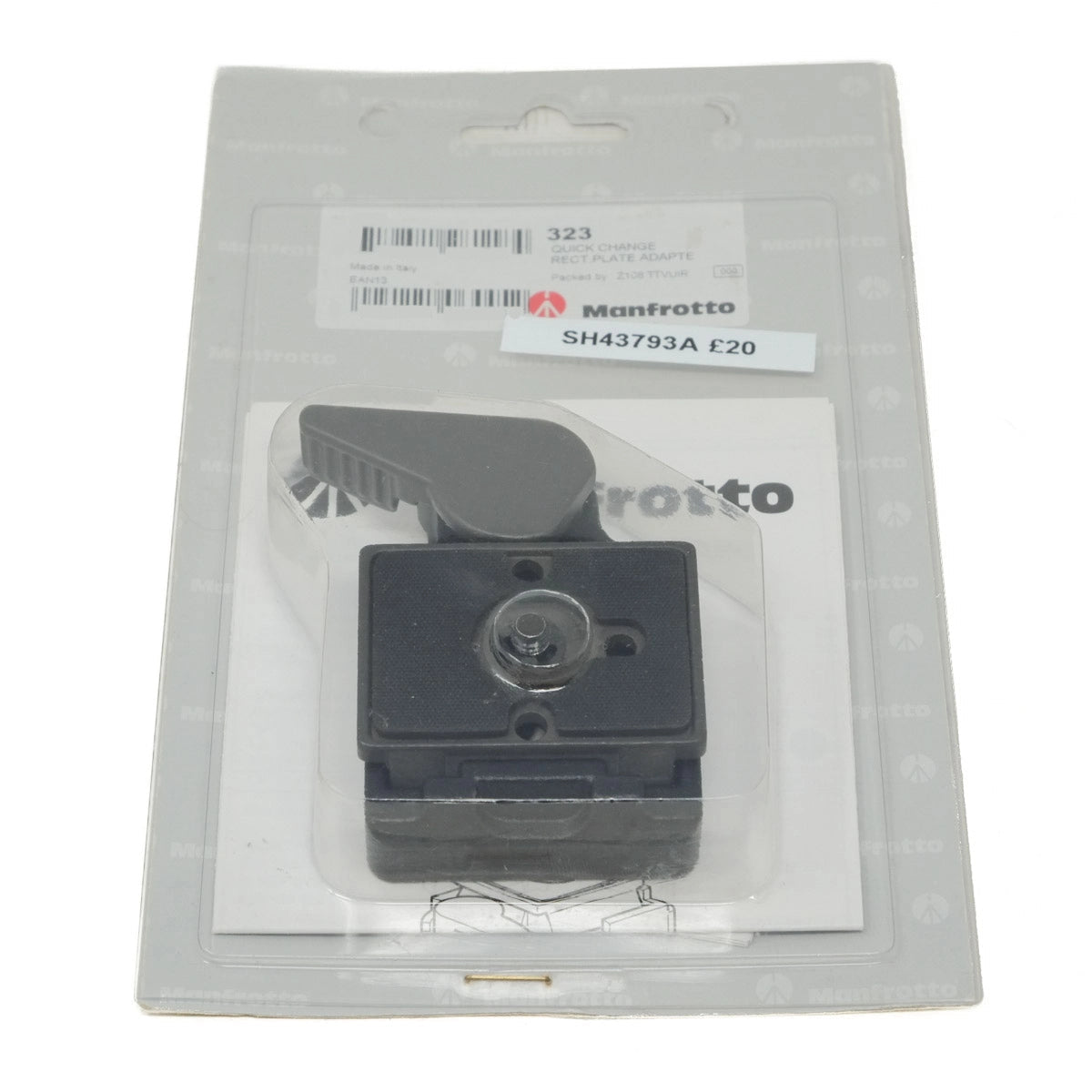 Manfrotto camera accessory in clear packaging on a white background