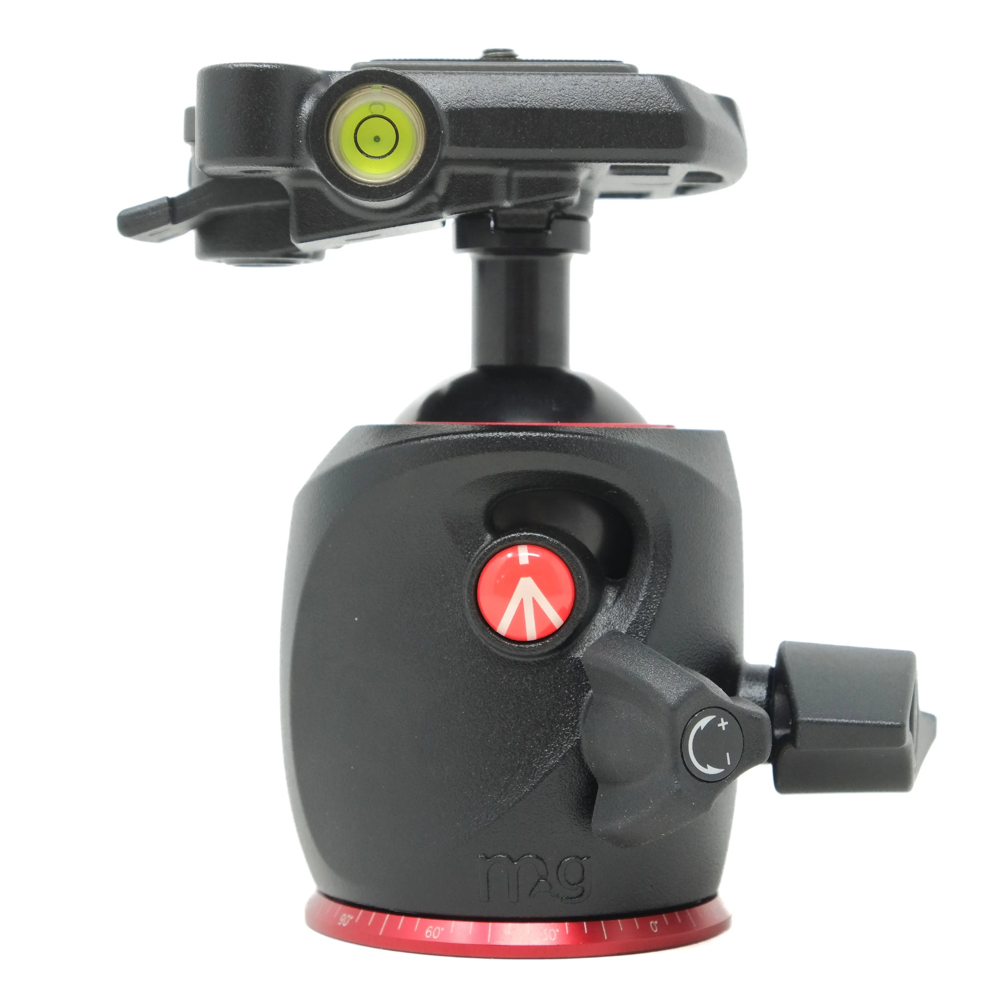 Camera ball head with red base and black body on a white background