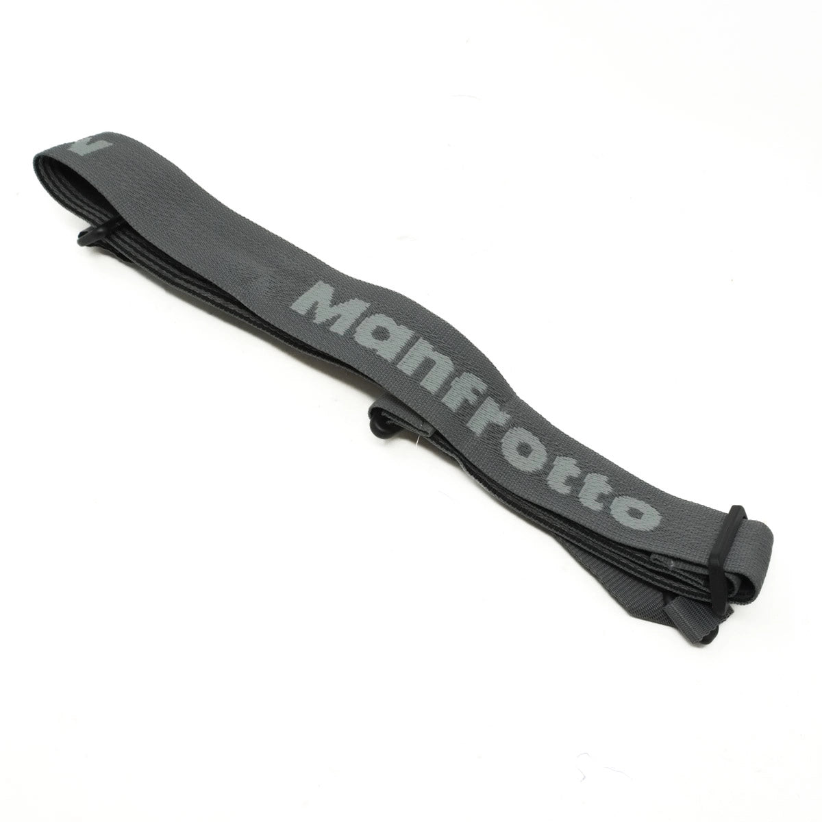 Black camera strap with 'Manfrotto' branding on a white background
