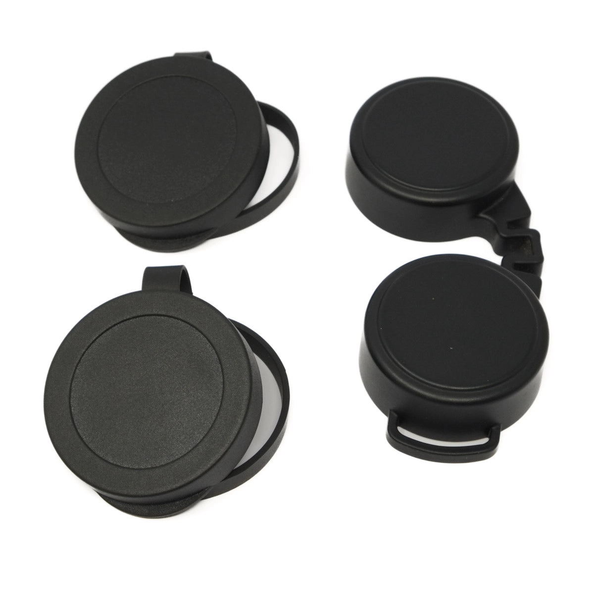 Four black binocular caps on a white background