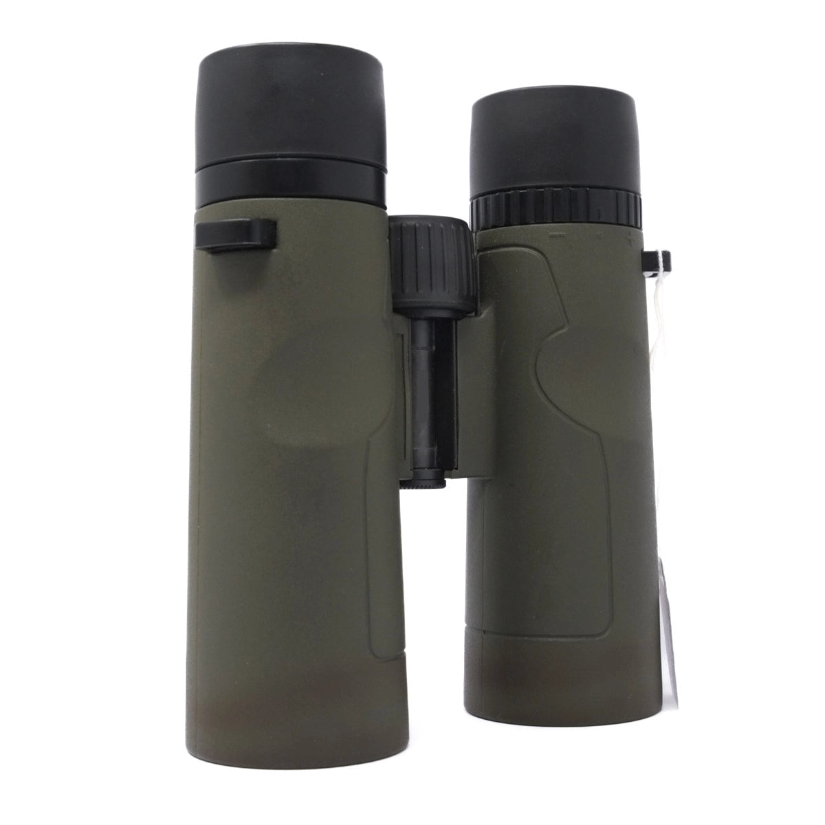 Green binoculars with black accents on a white background