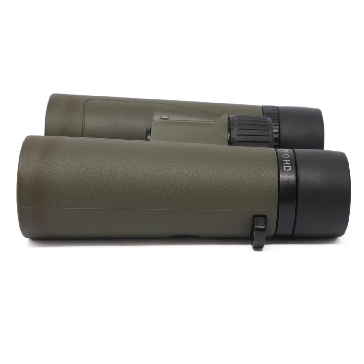 Pair of green binoculars on a white background