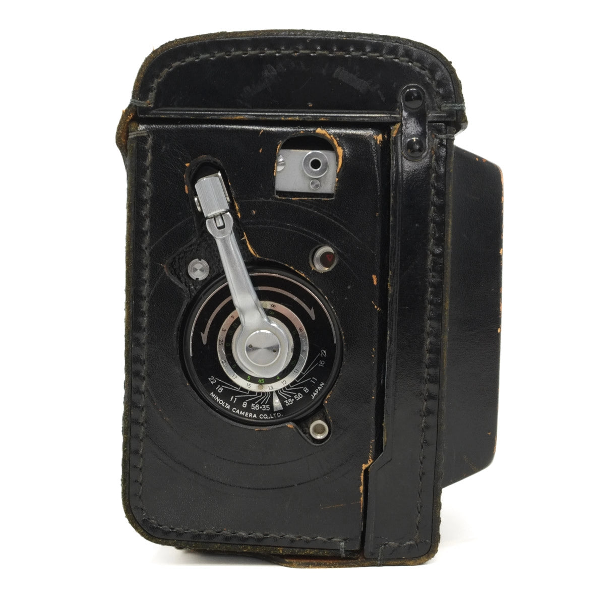 Vintage black camera with leather casing on a white background