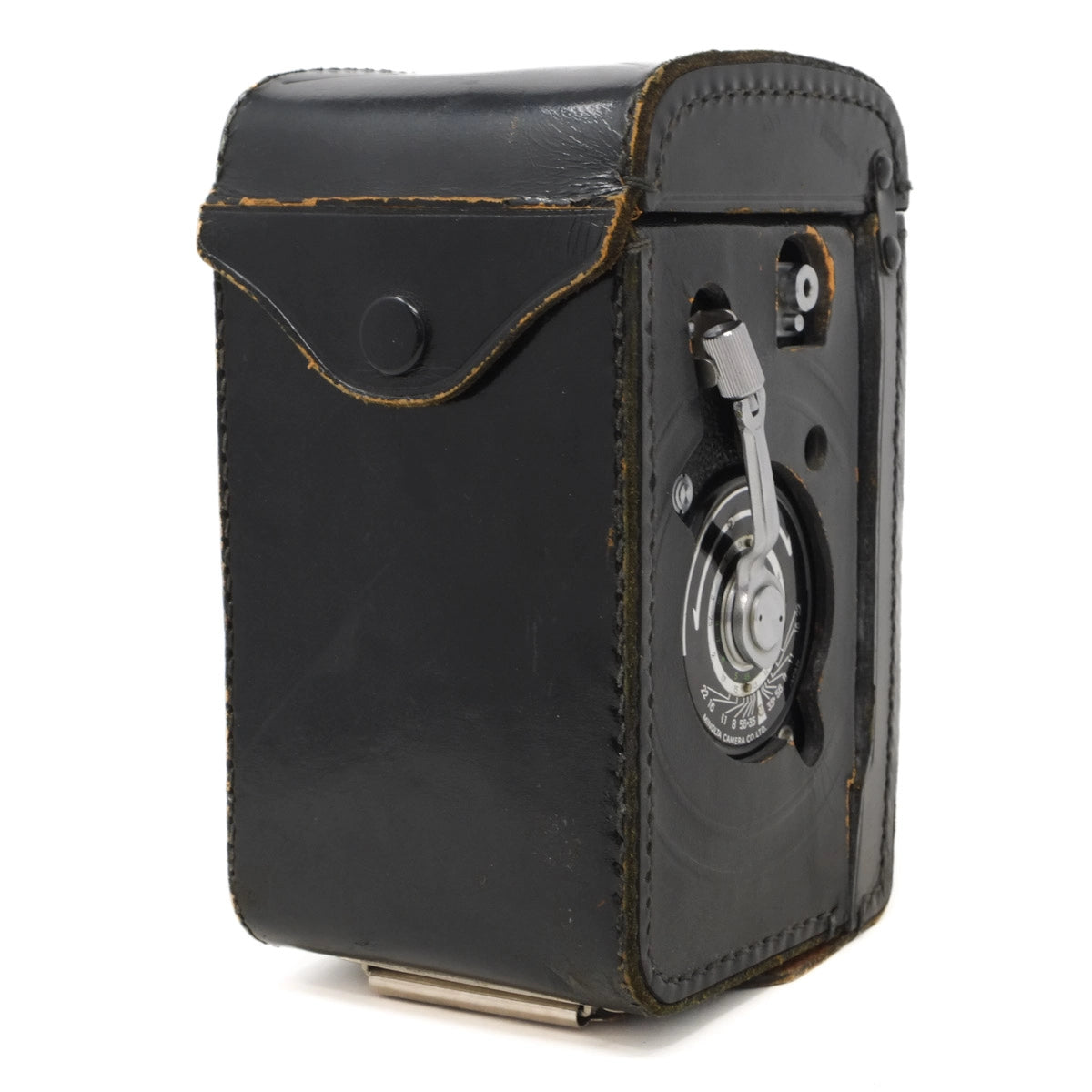 Vintage-style black leather camera on a white background