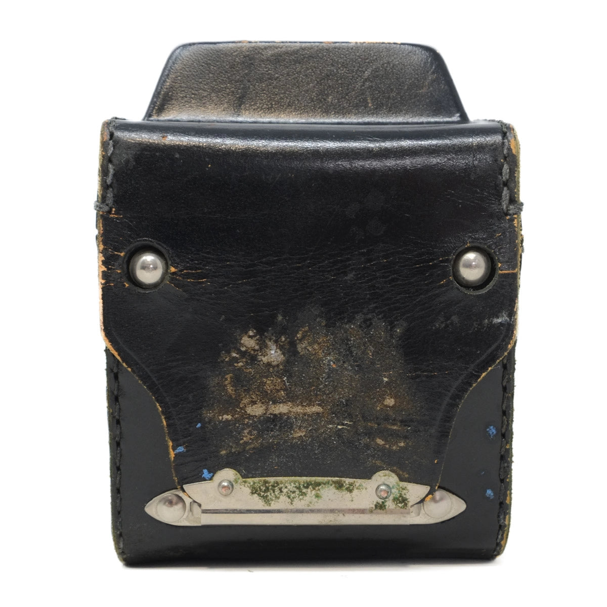 Vintage black leather case with metal clasps on a white background