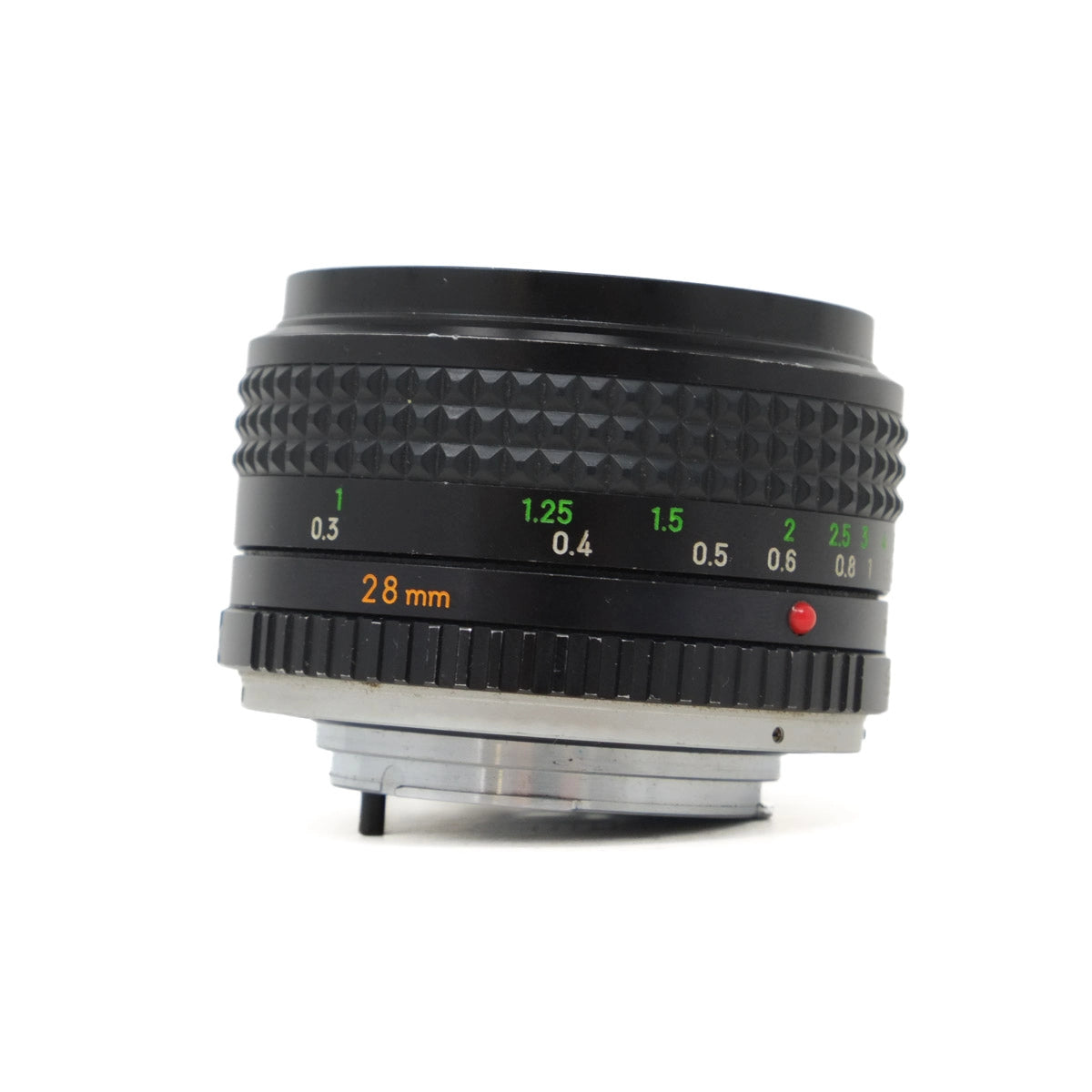 Camera lens with focus scale on a white background
