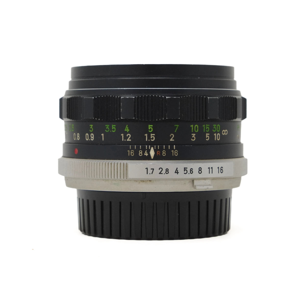 Camera lens with focus and aperture controls on a white background