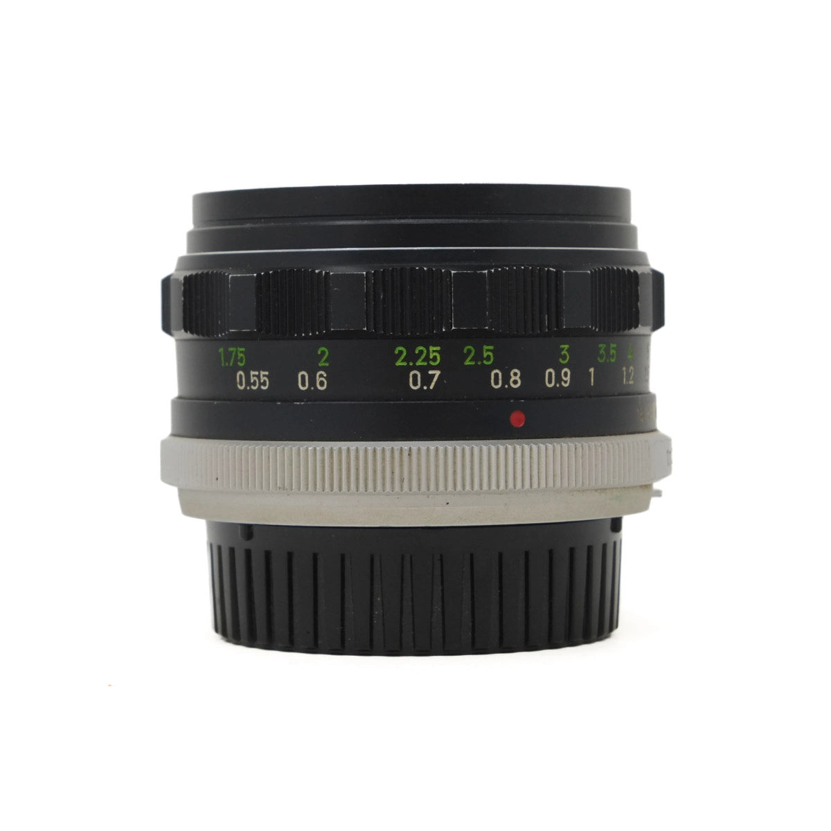Camera lens with focus scale on a white background