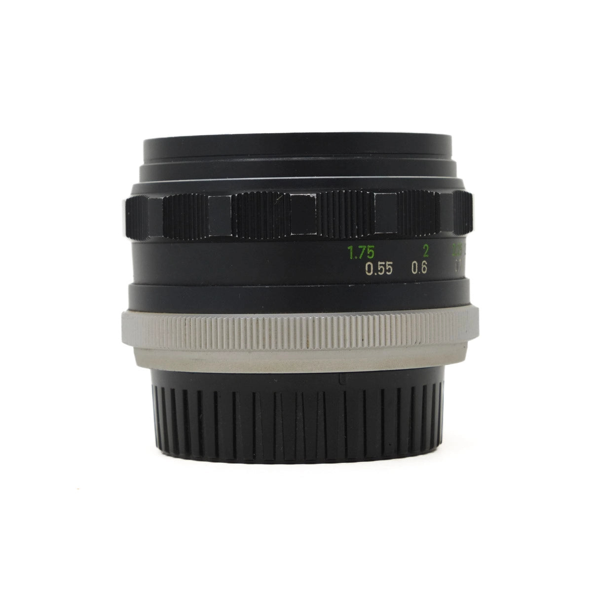 Camera lens with focus scale on a white background