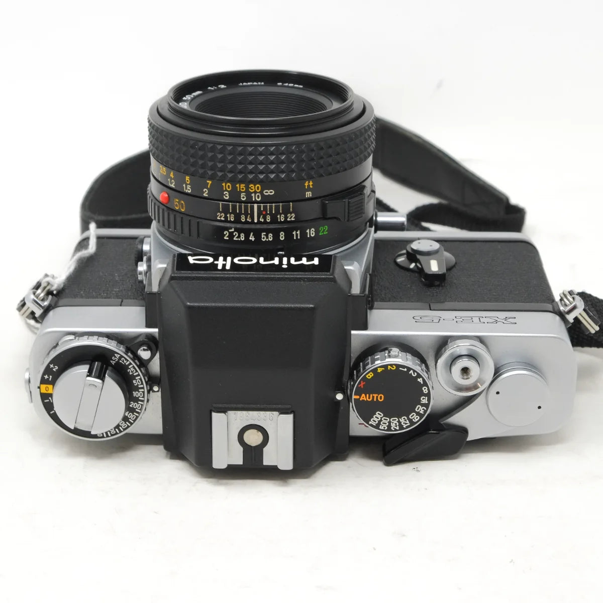 Used Minolta XE-5 film camera with 50mm F2 - top angle 