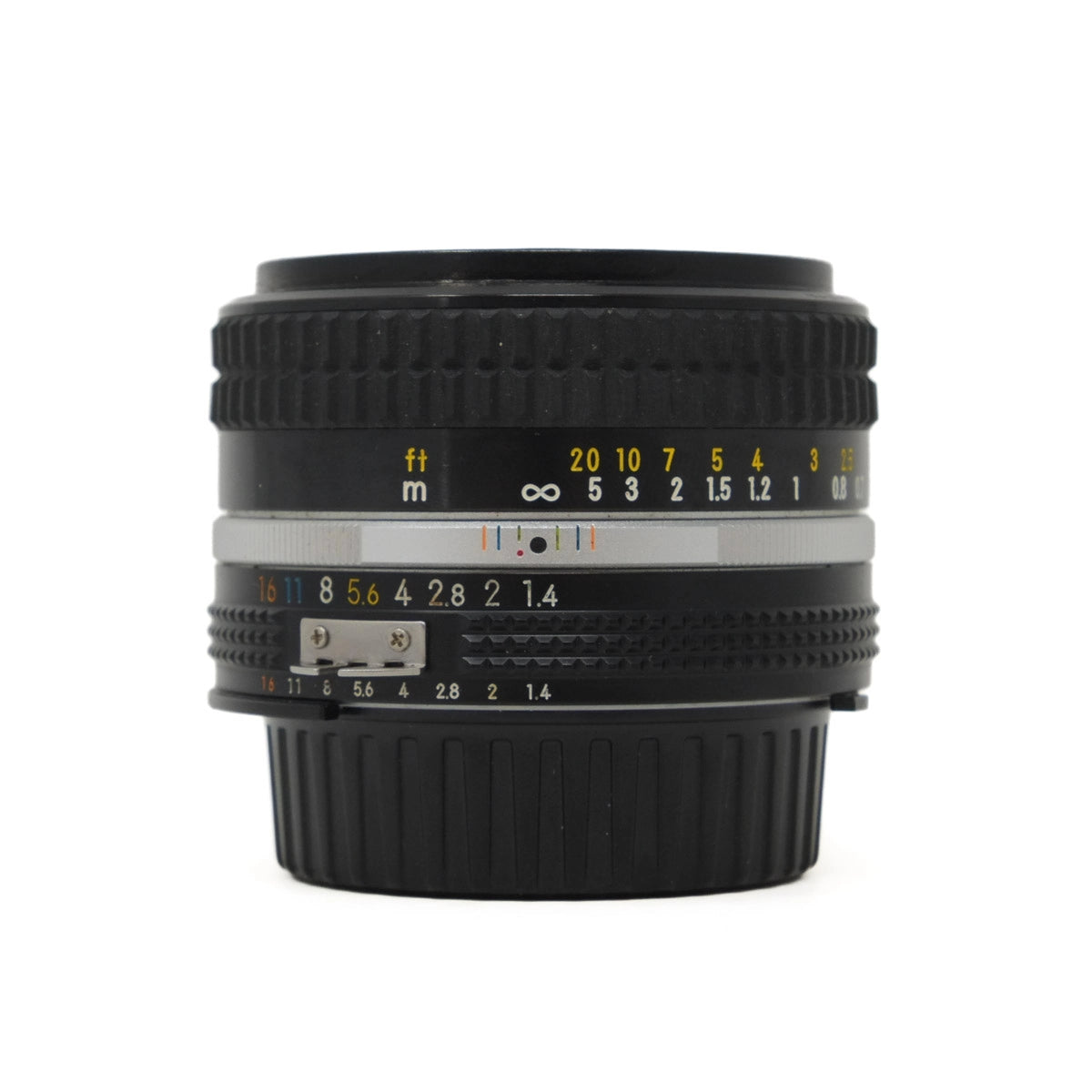 Camera lens with focus and aperture controls on a white background