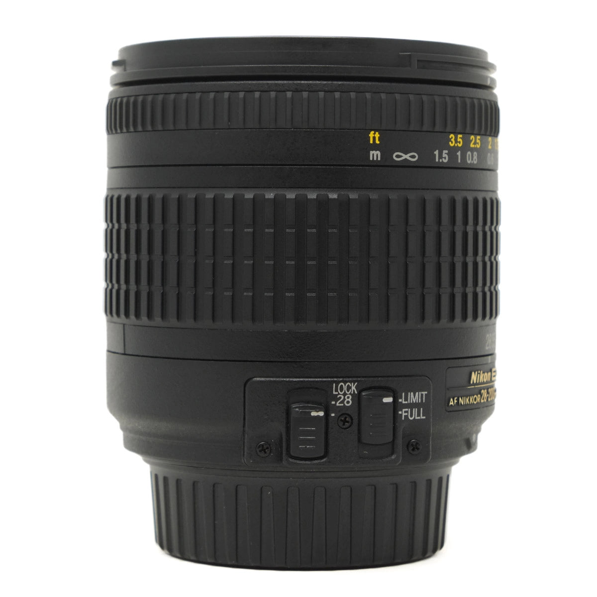Black camera lens with Nikon branding on a white background