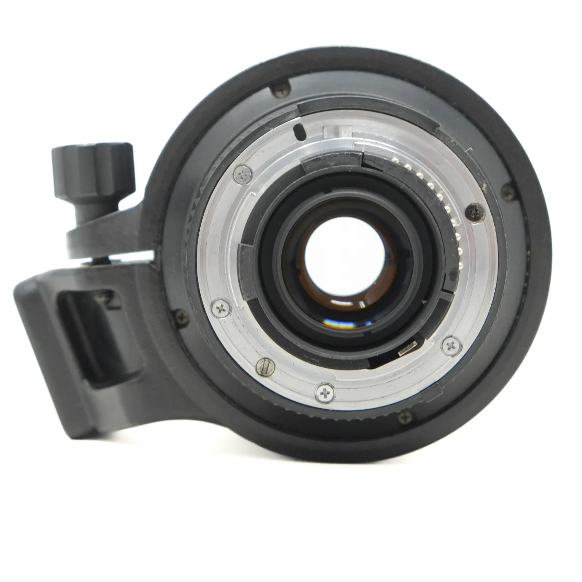 A close-up of a camera lens mount or adapter ring, showing the internal lens elements, screw fasteners, and a black outer ring on a plain white background.