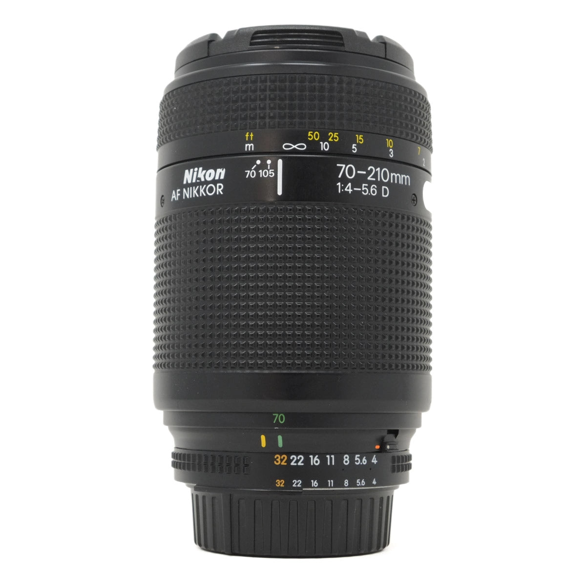 Nikon AF Nikkor 70-210mm camera lens on a white background