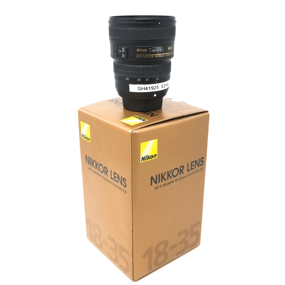 Used Nikon AF-S 18-35mm F3.5-4.5 ED Lens - Front angle with original box 