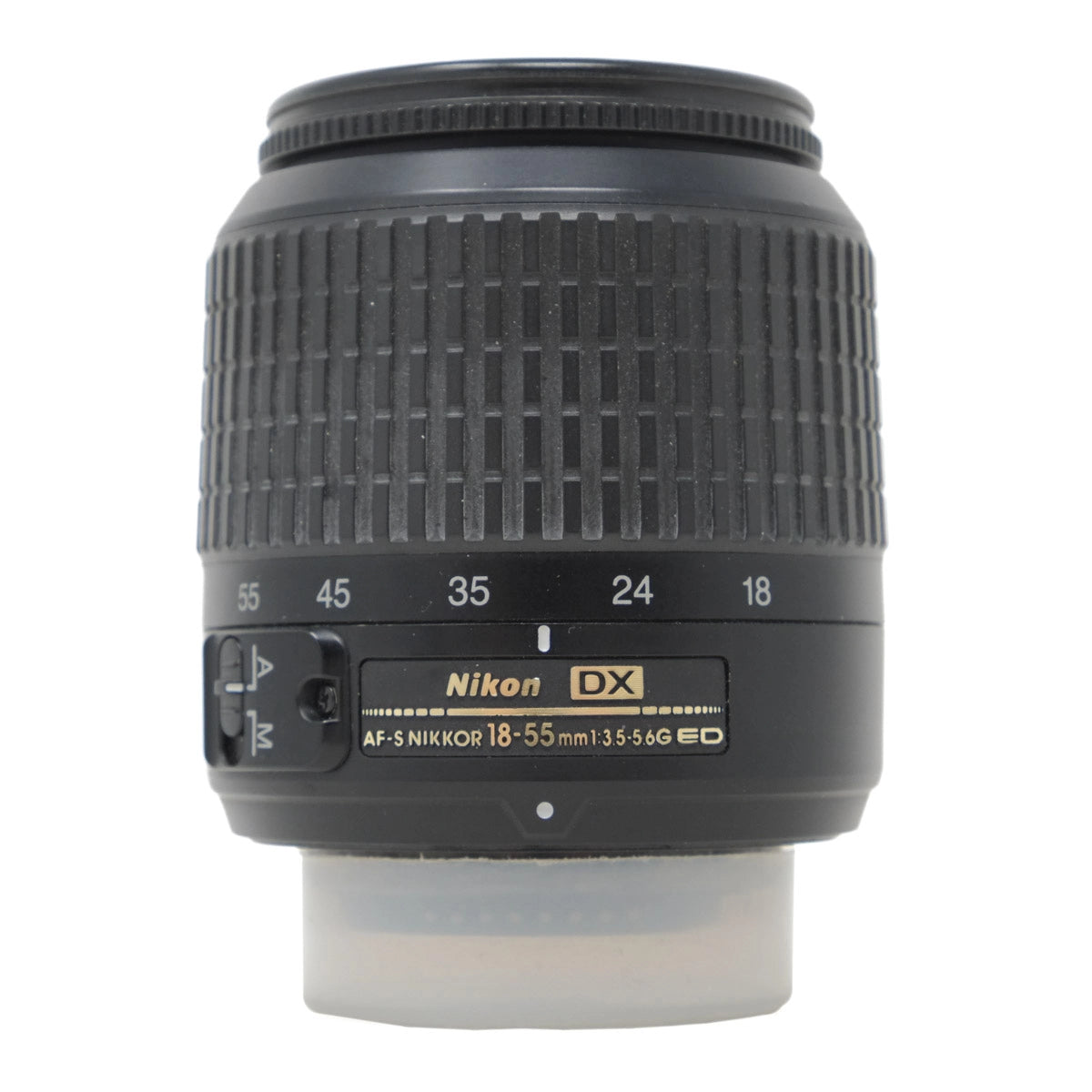 Nikon AF-S DX NIKKOR 18-55mm f/3.5-5.6G ED lens on a white background