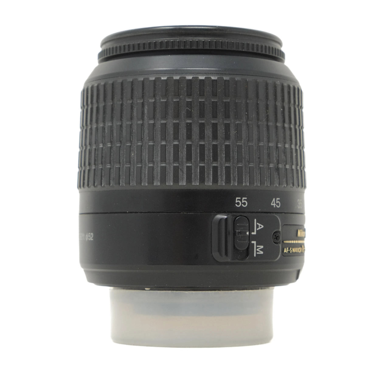 Camera lens with control buttons on a white background