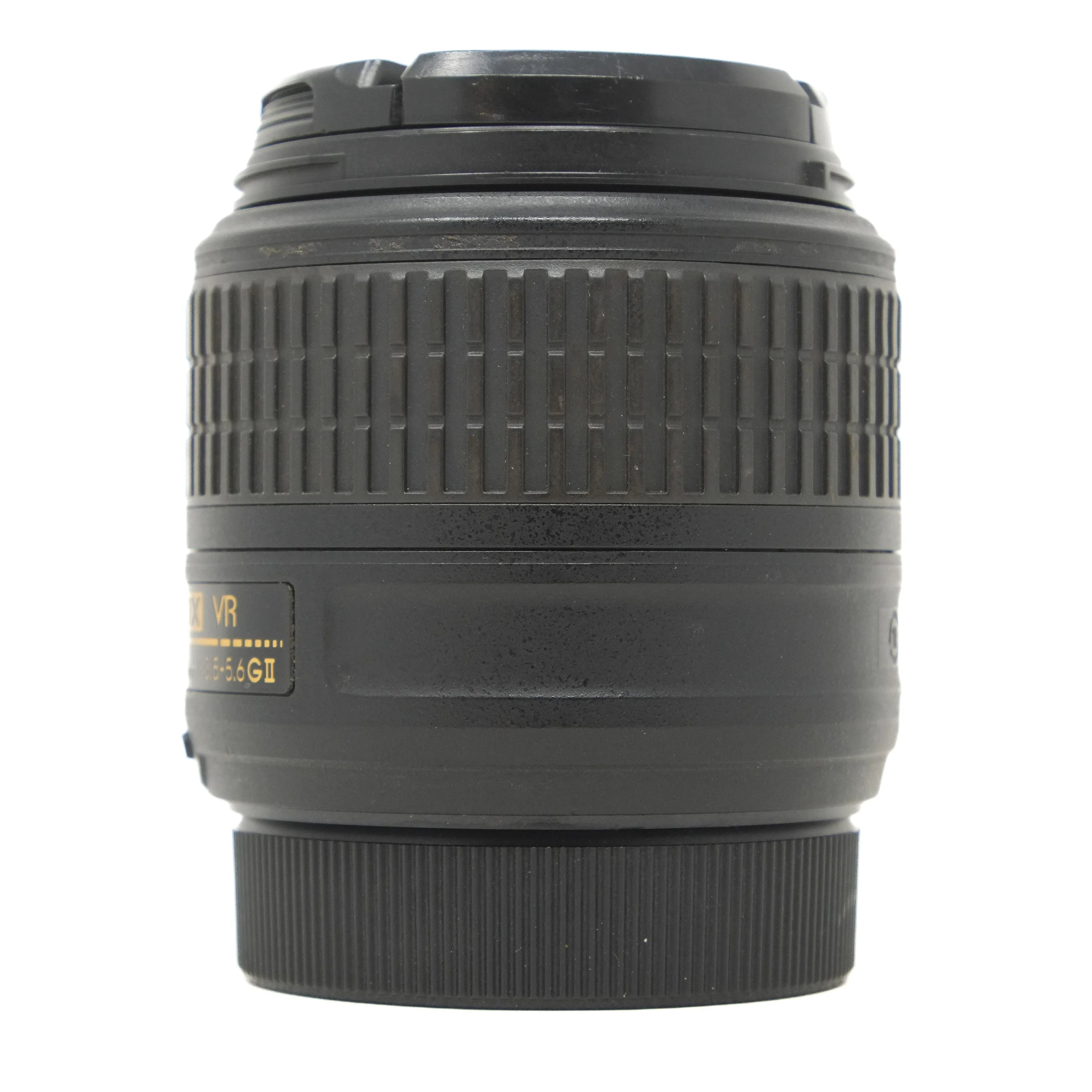 Camera lens with branding on a white background