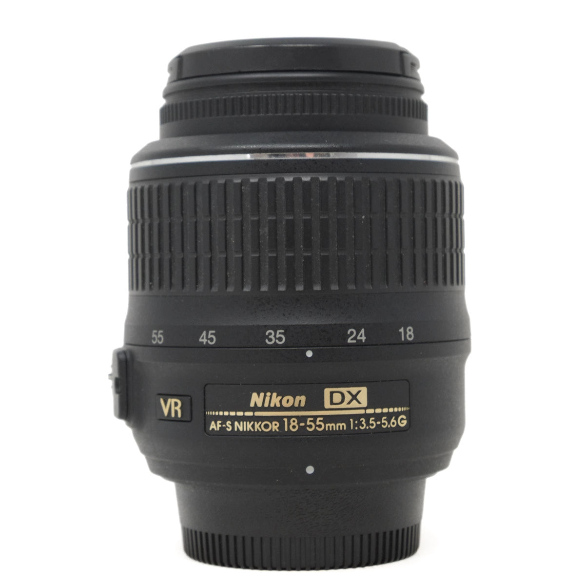 Nikon camera lens with zoom scale on a white background