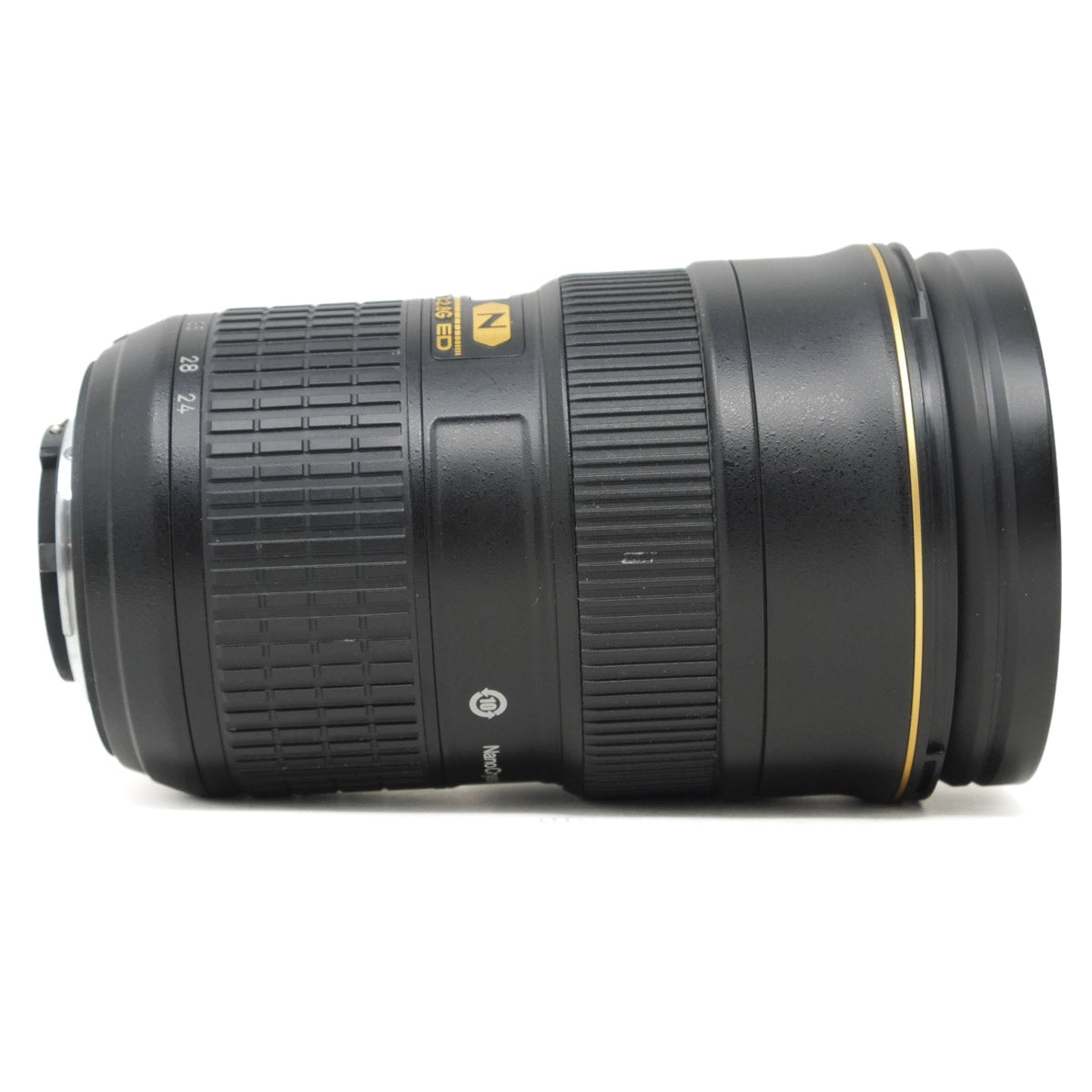 Camera lens with brand logo on a white background