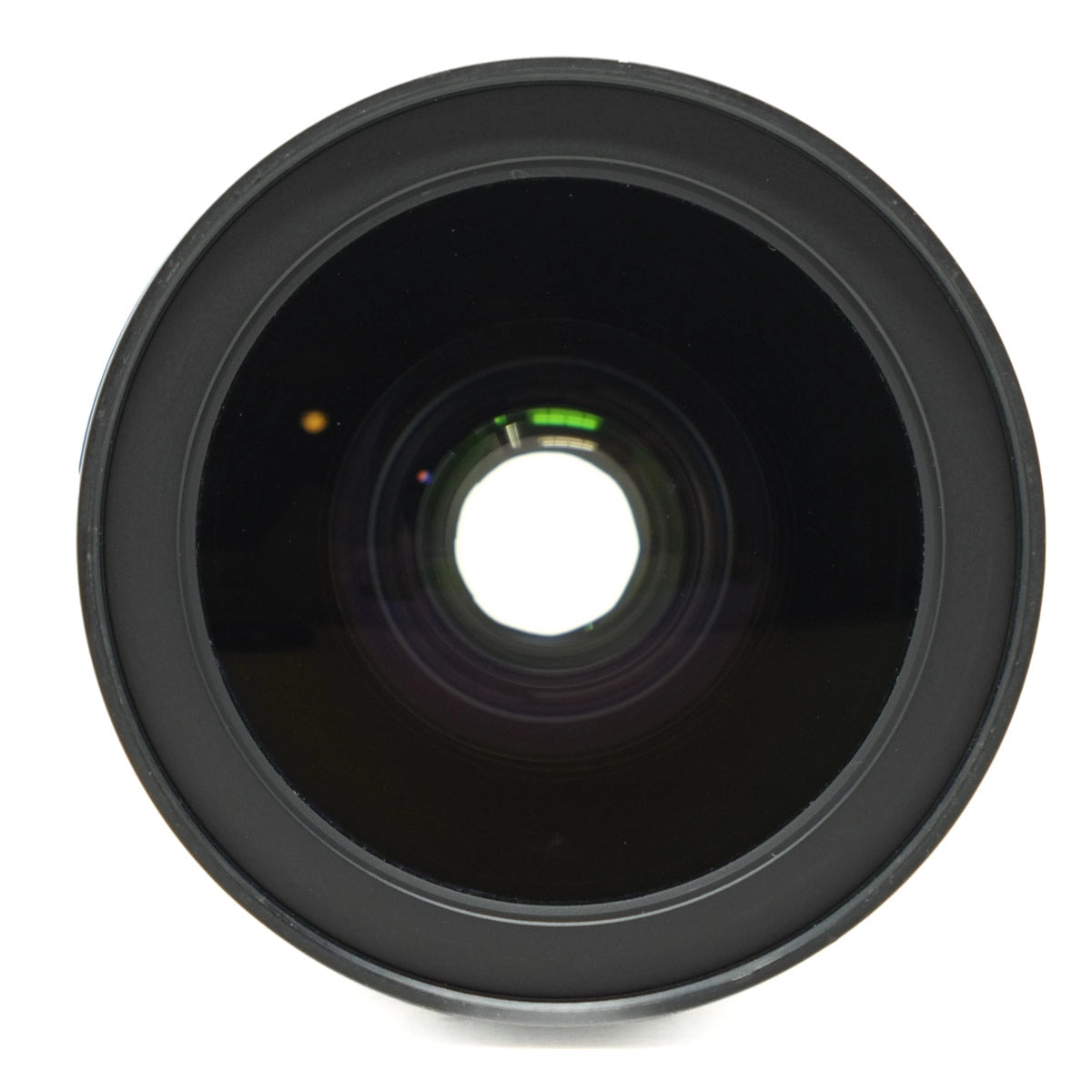 Black camera lens on a white background