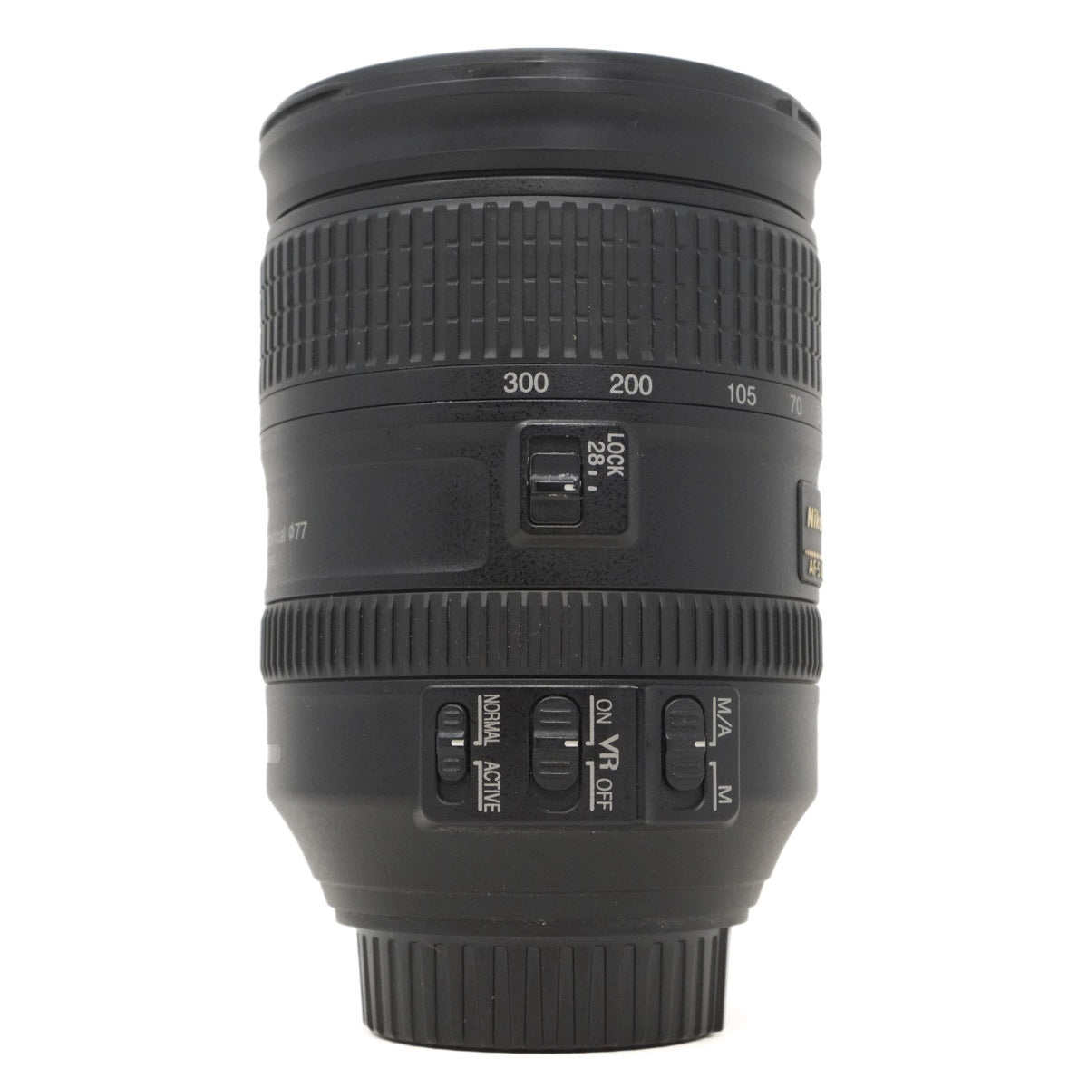 Camera lens with focus and zoom controls on a white background