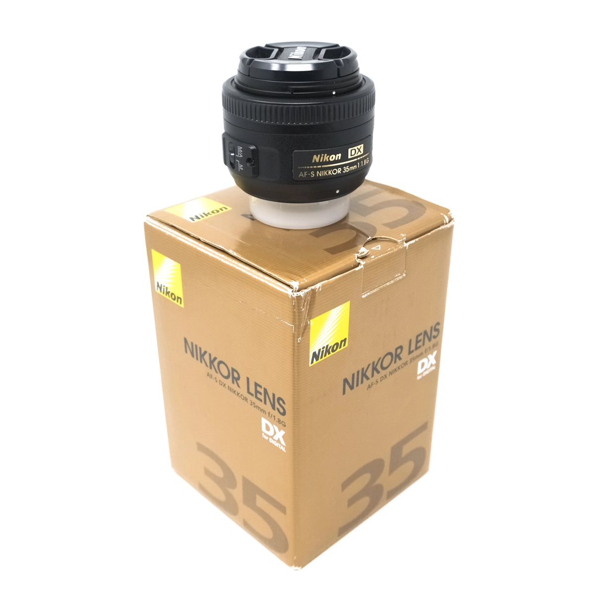 Used Nikon AF-S 35mm F1.8G Lens - Front angle with original box 