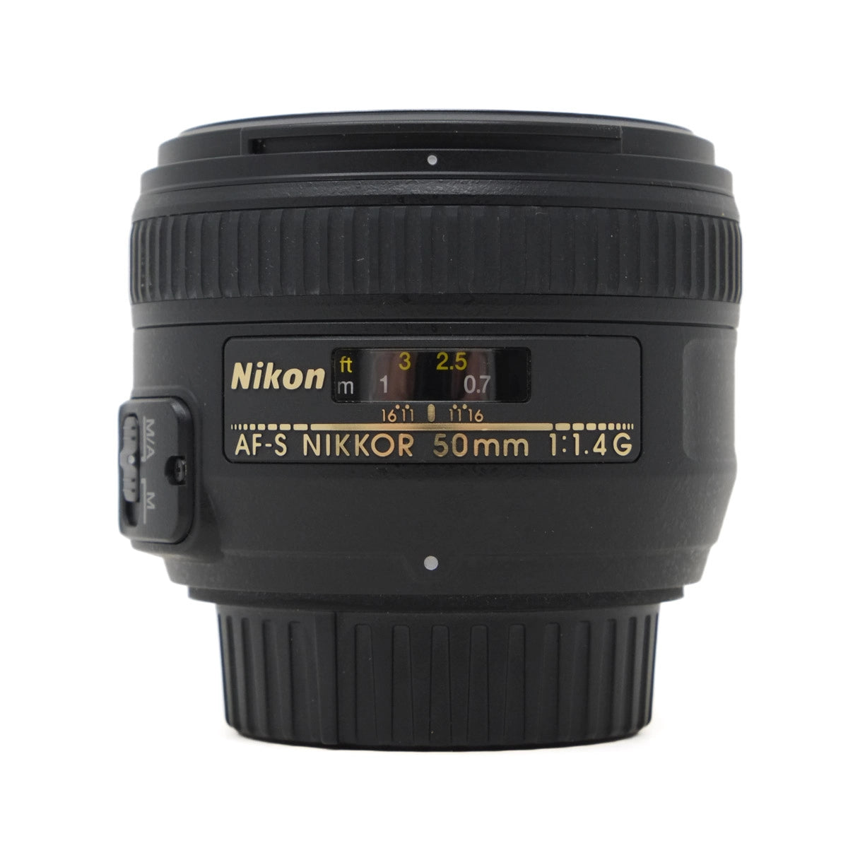 Nikon AF-S NIKKOR 50mm lens on a white background