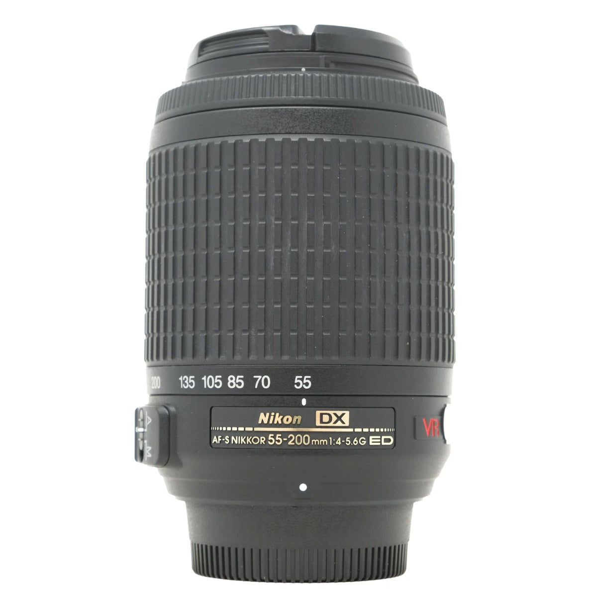 Nikon AF-S NIKKOR 55-200mm f/4-5.6 G ED DX lens in black with gold and red lettering, shown against a plain white background.