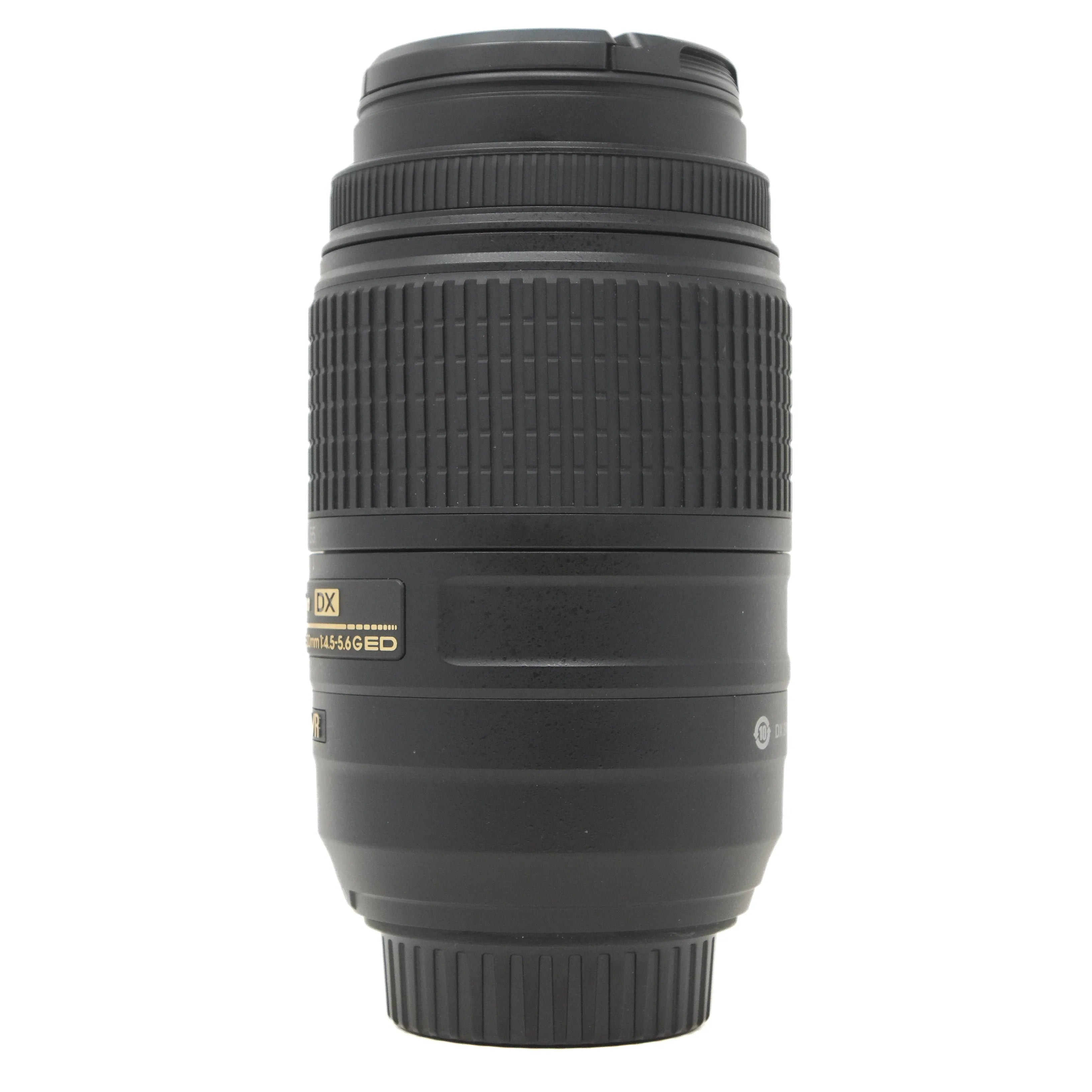 Camera lens with branding on a white background