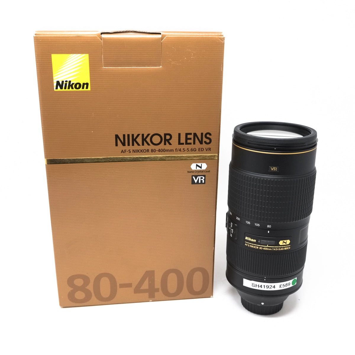 Used Nikon AF-S 80-400mm F4.5-5.6 VR ED II Lens - Boxed - Front angle with the box 