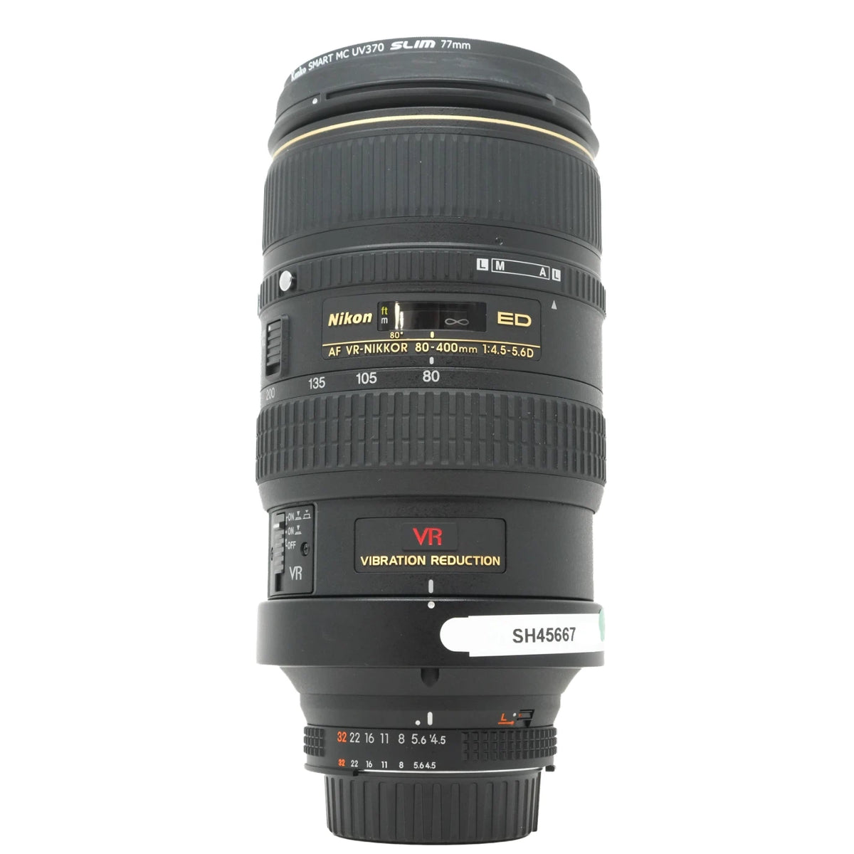 Nikon AF-S DX NIKKOR 80-400mm f4-5.6 VR lens in black with gold, white, and red text details, shown on a white background.