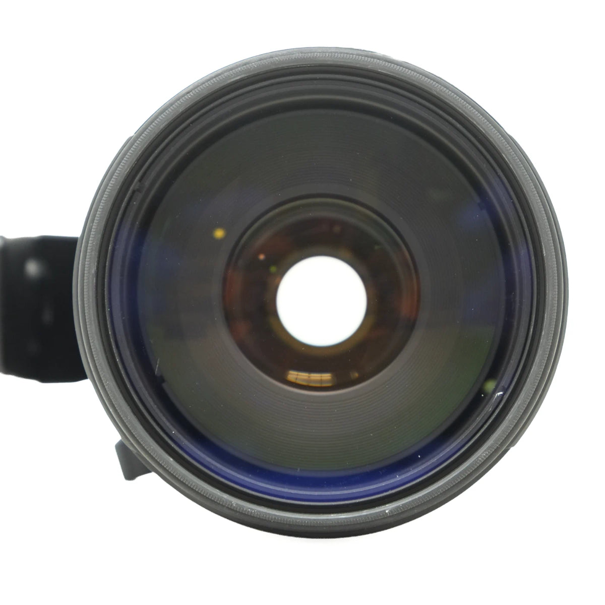 A close-up of a camera lens with a gray metal rim and dark glass, shown against a plain white background.