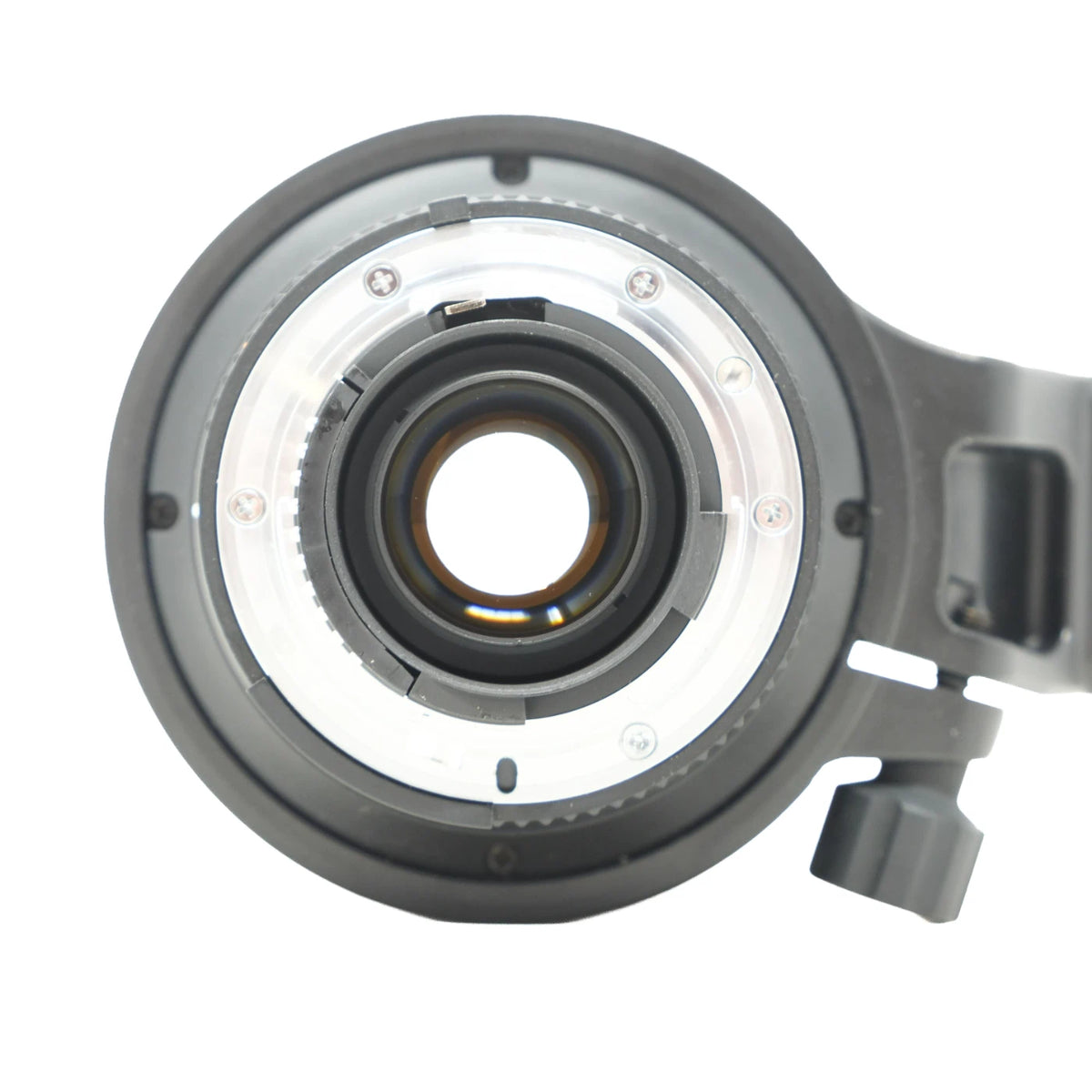 Close-up of a camera lens adapter ring with a black outer body, silver metallic inner ring, and a central lens mount opening, shown on a plain white background.
