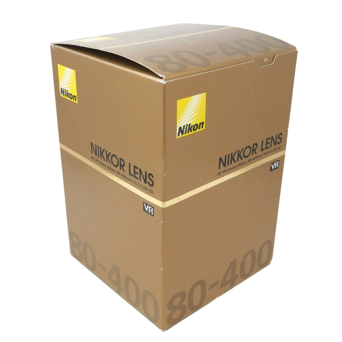 Nikon VR 80-400mm lens retail packaging box in brown with yellow Nikon logos and black text, photographed on a white background.